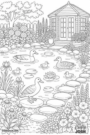 Garden pond with ducks and a summerhouse