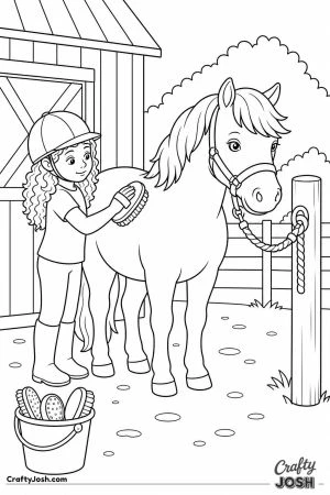 Girl brushing her pony in the stable yard