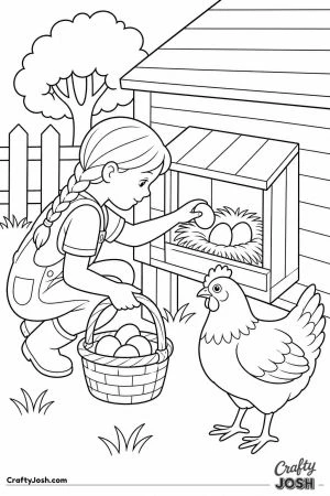 Girl collecting eggs from the nest boxes