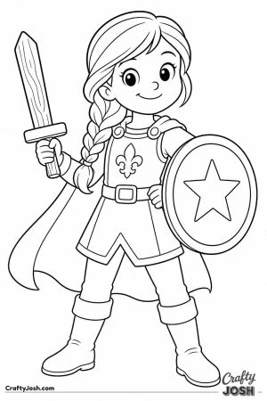 Girl dressed as a brave knight with a cardboard shield