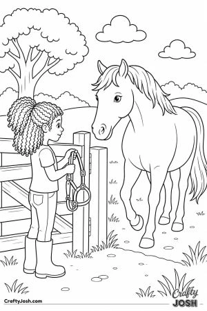Girl greeting her horse at the field gate