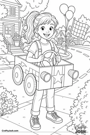 Girl in a cardboard box race car costume