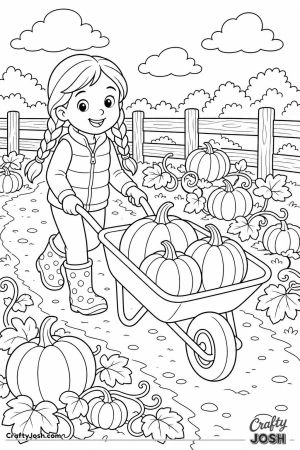 Girl with braids pushing a wheelbarrow of pumpkins