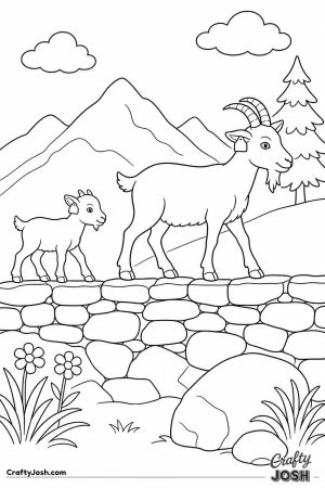 Goat and kid walking along a stone wall