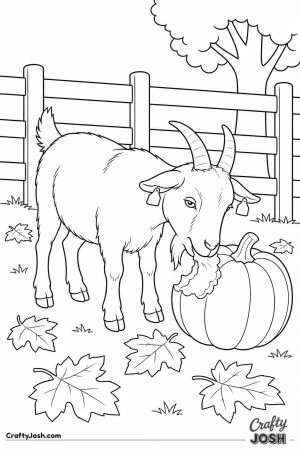 Goat eating a pumpkin in autumn