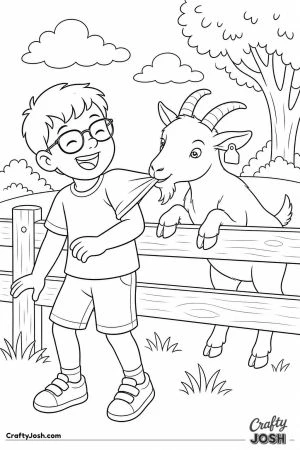 Goat nibbling a boy shirt sleeve