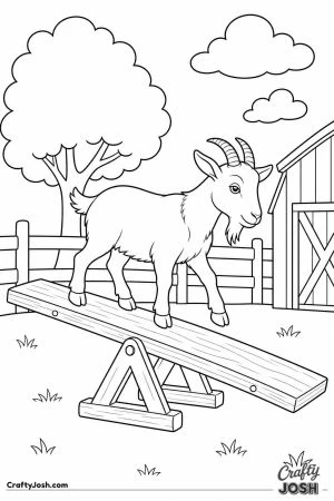 Goat on a seesaw plank in the pen