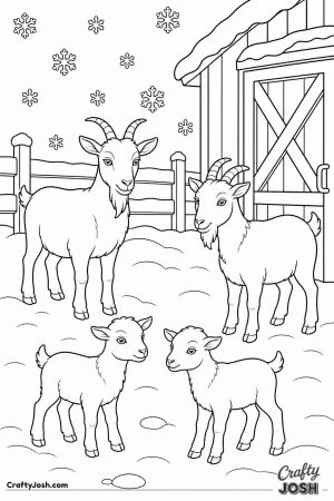 Goats in the snow by the barn