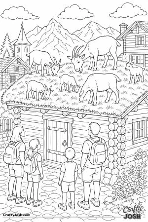 Goats on a grassy roof in a village