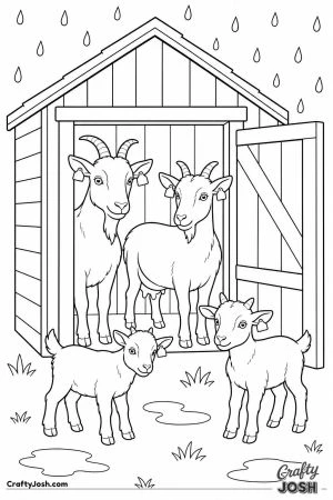 Goats sheltering in a little wooden shed