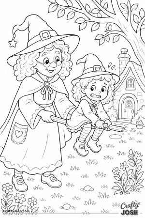 Grandma witch teaching a child to fly