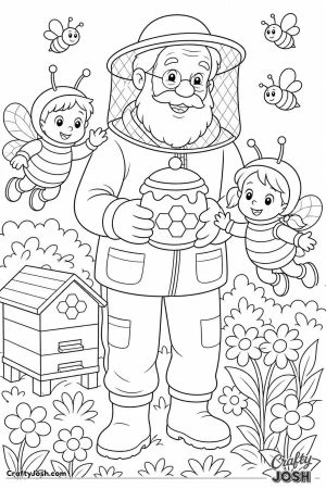 Grandpa and grandkids dressed as a beekeeper and bees