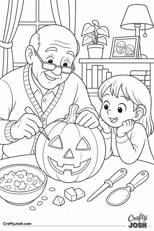 Grandpa carving a pumpkin while a child watches