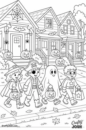 Group of kids walking past decorated houses