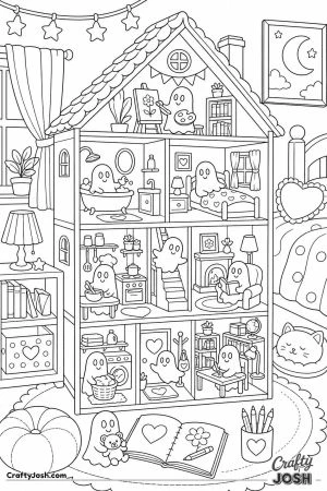 Haunted dollhouse with tiny ghosts