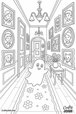 Haunted hallway with friendly portraits