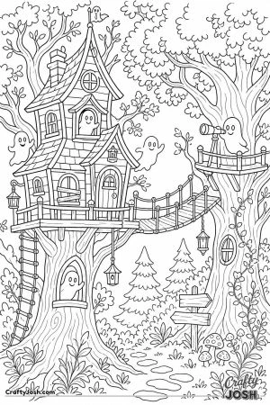 Haunted treehouse with a rope bridge