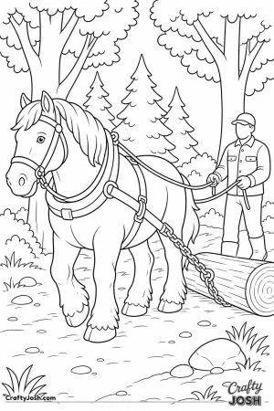 Heavy horse pulling a log through the woods