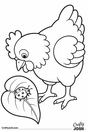 Hen eyeing a ladybug on a leaf