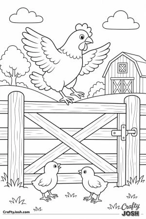 Hen flying up onto a gate