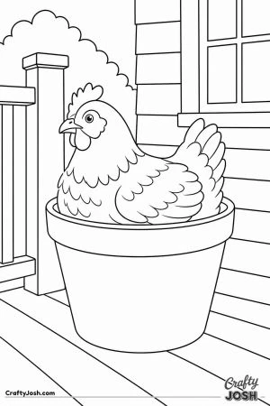 Hen laying her egg in a flower pot
