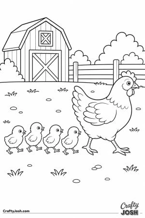 Hen leading her chicks across the farmyard