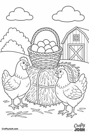 Hens beside a basket of fresh eggs