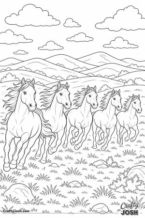 Herd of horses galloping across an open plain