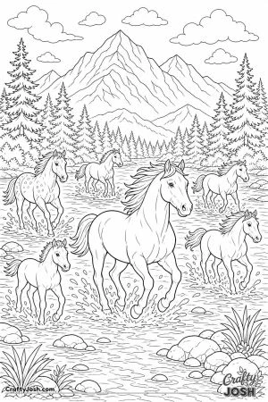 Herd of horses splashing across a shallow river