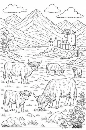 Highland cattle in a glen with a castle
