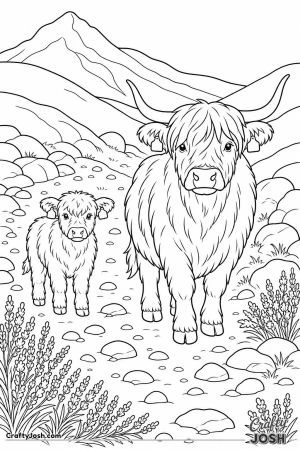 Highland cow and calf on a mountain path