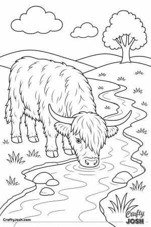 Highland cow by a stream in the hills