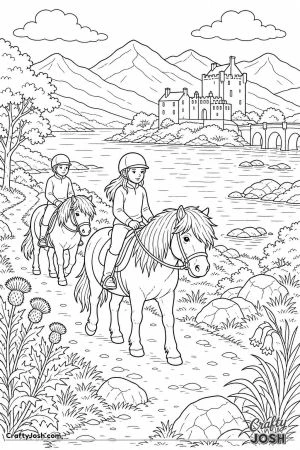 Highland ponies trekking past a loch and a castle