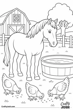 Horse and chickens sharing the farmyard