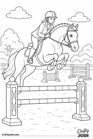 Horse and rider jumping a striped show jump
