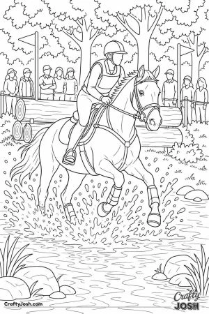 Horse and rider splashing through a cross country water jump