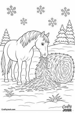 Horse eating from a round hay bale in winter