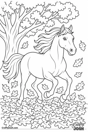 Horse galloping through autumn leaves