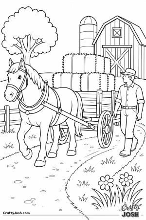 Horse pulling a cart loaded with hay bales