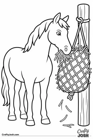 Horse pulling hay from a hay net