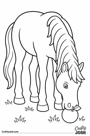 Horse reaching down for a fallen apple