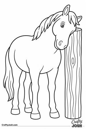 Horse scratching its neck on a fence post