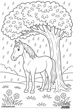 Horse sheltering under a big tree in the rain