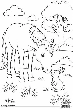 Horse sniffing a curious rabbit in the grass