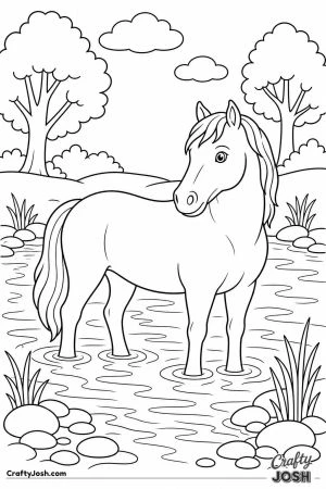 Horse standing in a stream cooling its legs