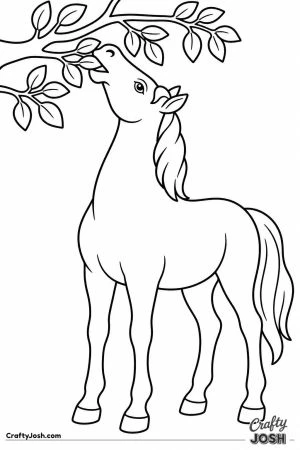 Horse stretching up to nibble leaves from a branch
