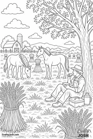 Horses resting by stooks after the harvest