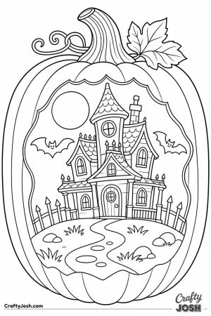 Jack o lantern carved with a haunted house and moon
