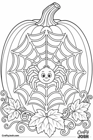 Jack o lantern carved with a spider web and friendly spider
