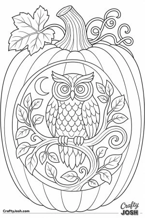 Jack o lantern carved with an owl on a branch